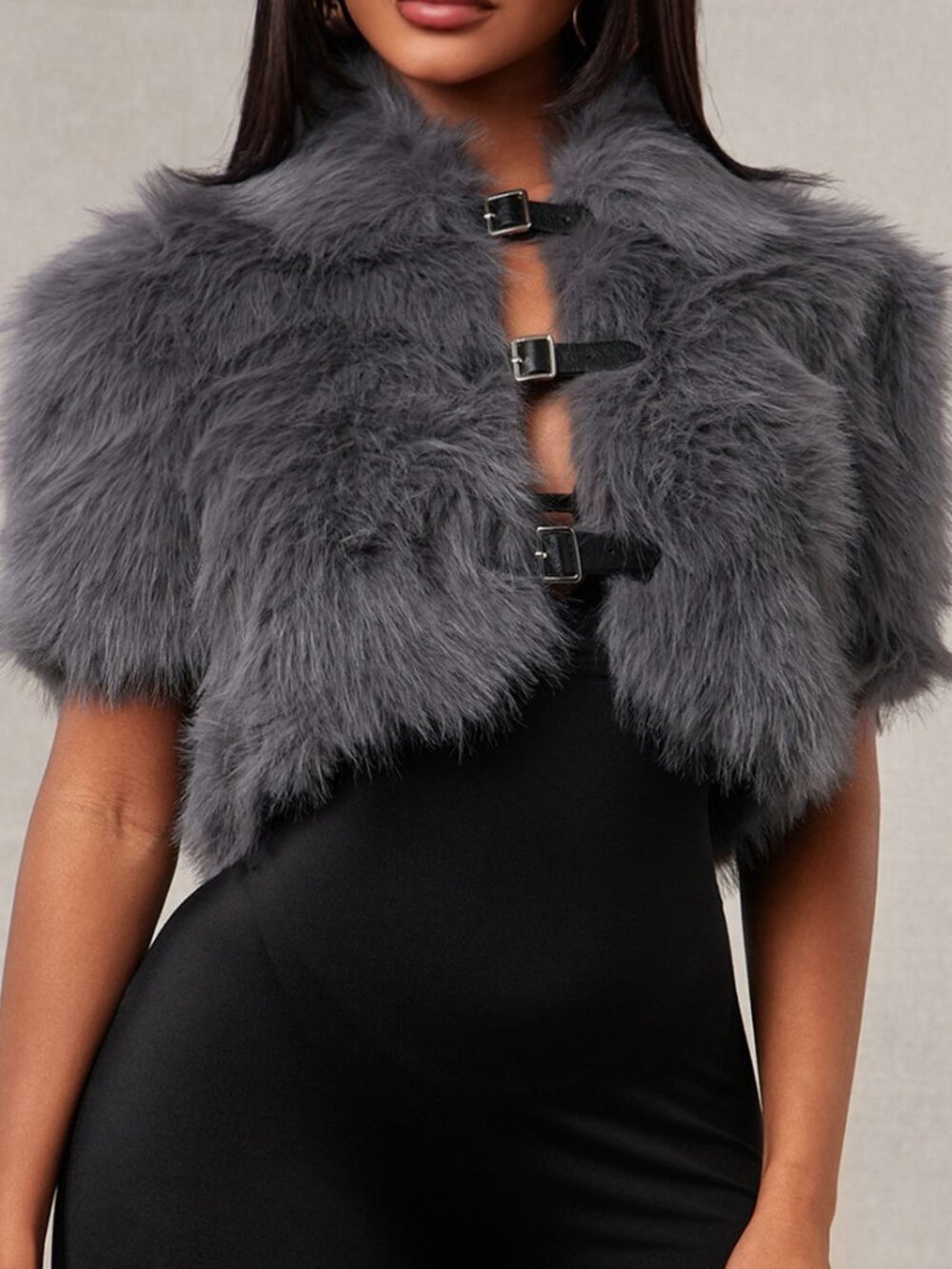 Grey Party Women's Belted Fuzzy Slim Fit Crop Jacket